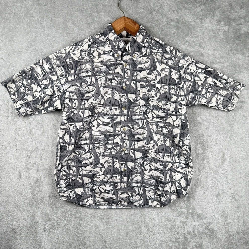 Columbia Fish All Over Print Shirt M Cotton Fishing Camping Outdoors Black White